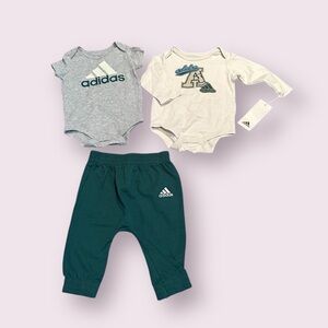 NWT Adidas Baby Outfit Set - Gray, Cream, Green Body Suits And Pants Sz 6 Months